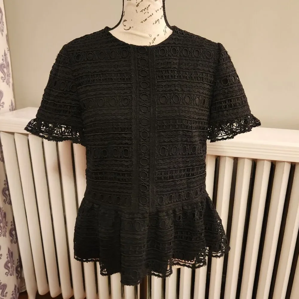 Kate Spade Mixed Lace Top, Black with Peplum, Sz XS: romanticore, dark feminine - Picture 3 of 10
